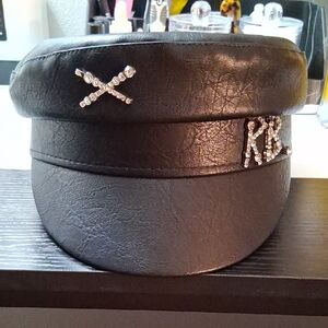 Trending Black Faux Leather Cap with Rhinestone Accents